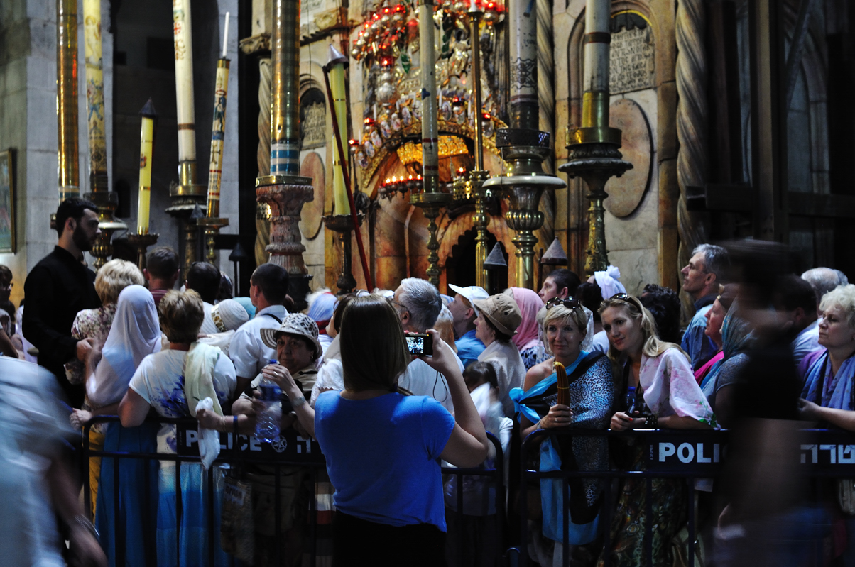 Pilgrims wait before entering the Chapel (the Edicule) where the tomb of Jesus is